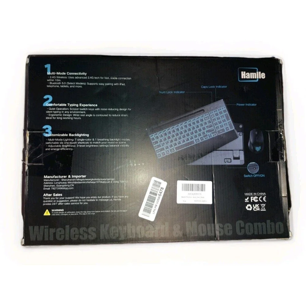 Hamile Wireless Keyboard Mouse Combo 2.4G 7 Color Comfortable Breathing Black